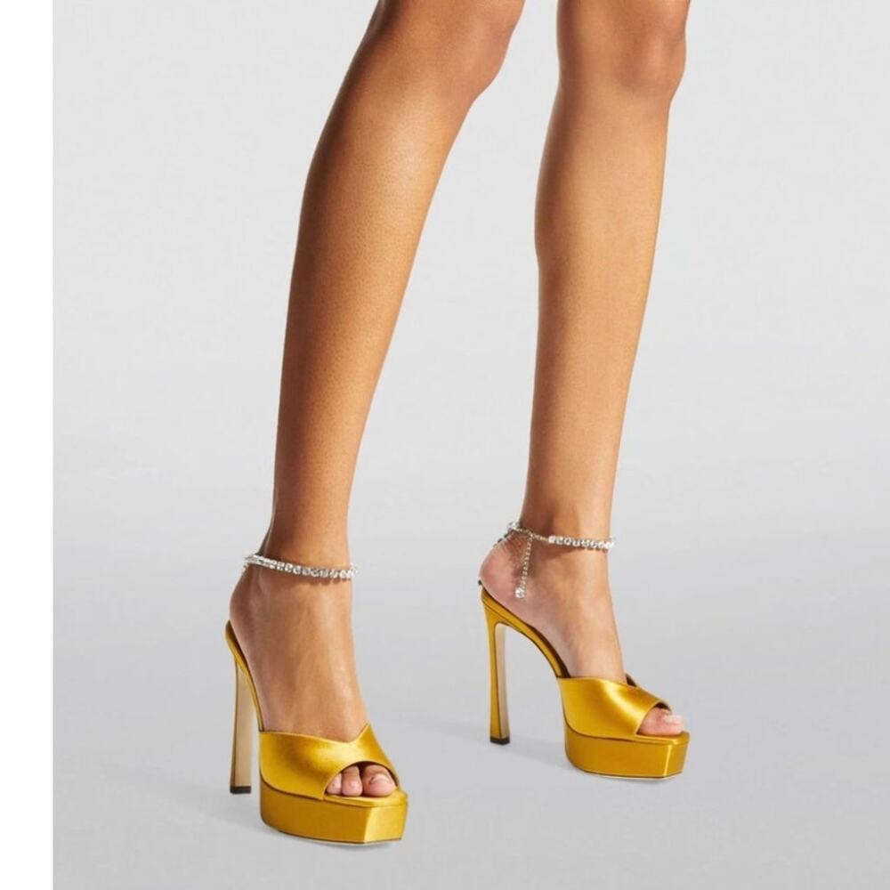 NWB Jimmy Choo Saeda Suede Satin Crystal Chain Platform Sandals Sunflower Sz 38